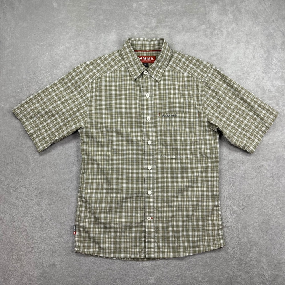 Simms Fishing Shirt Mens Small Olive Green Plaid Short Sleeve Button Up Pocket